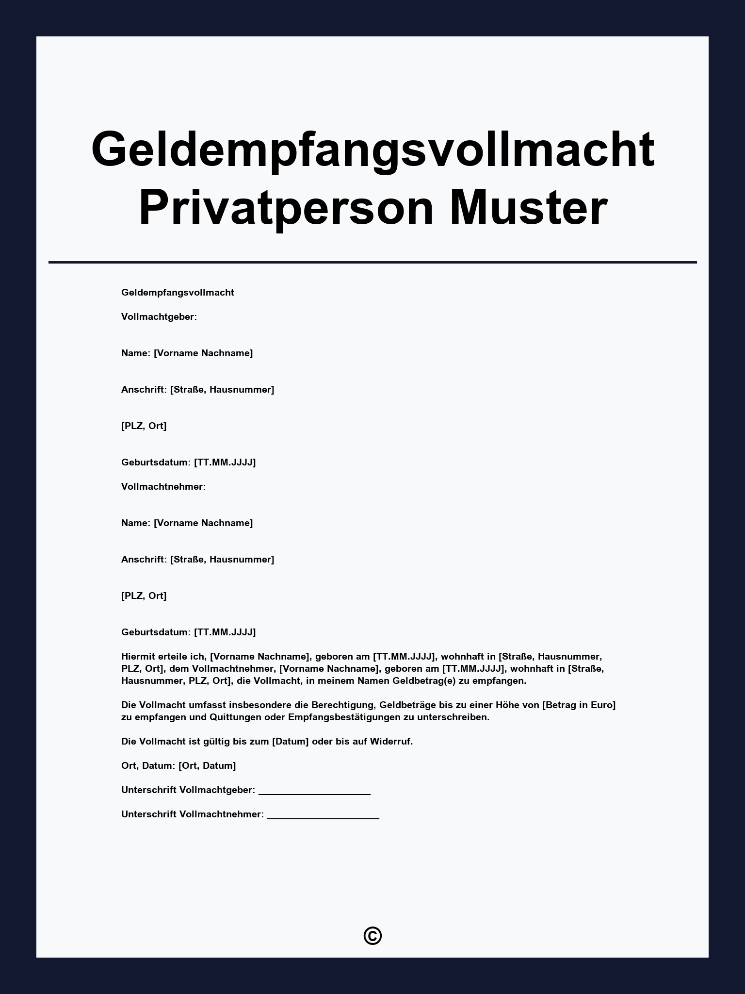 Geldempfangsvollmacht Privatperson Muster