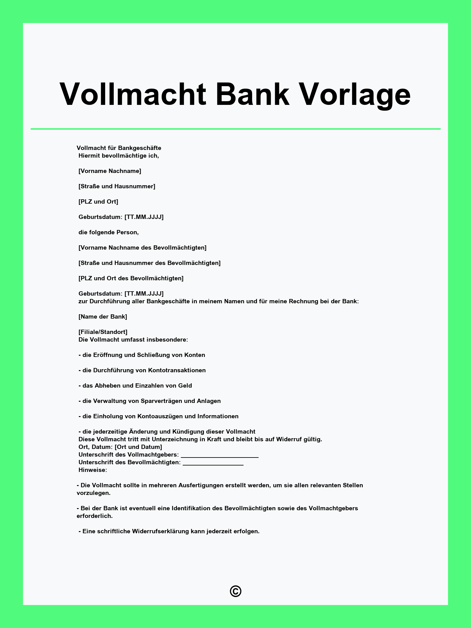 Vollmacht Bank Vorlage