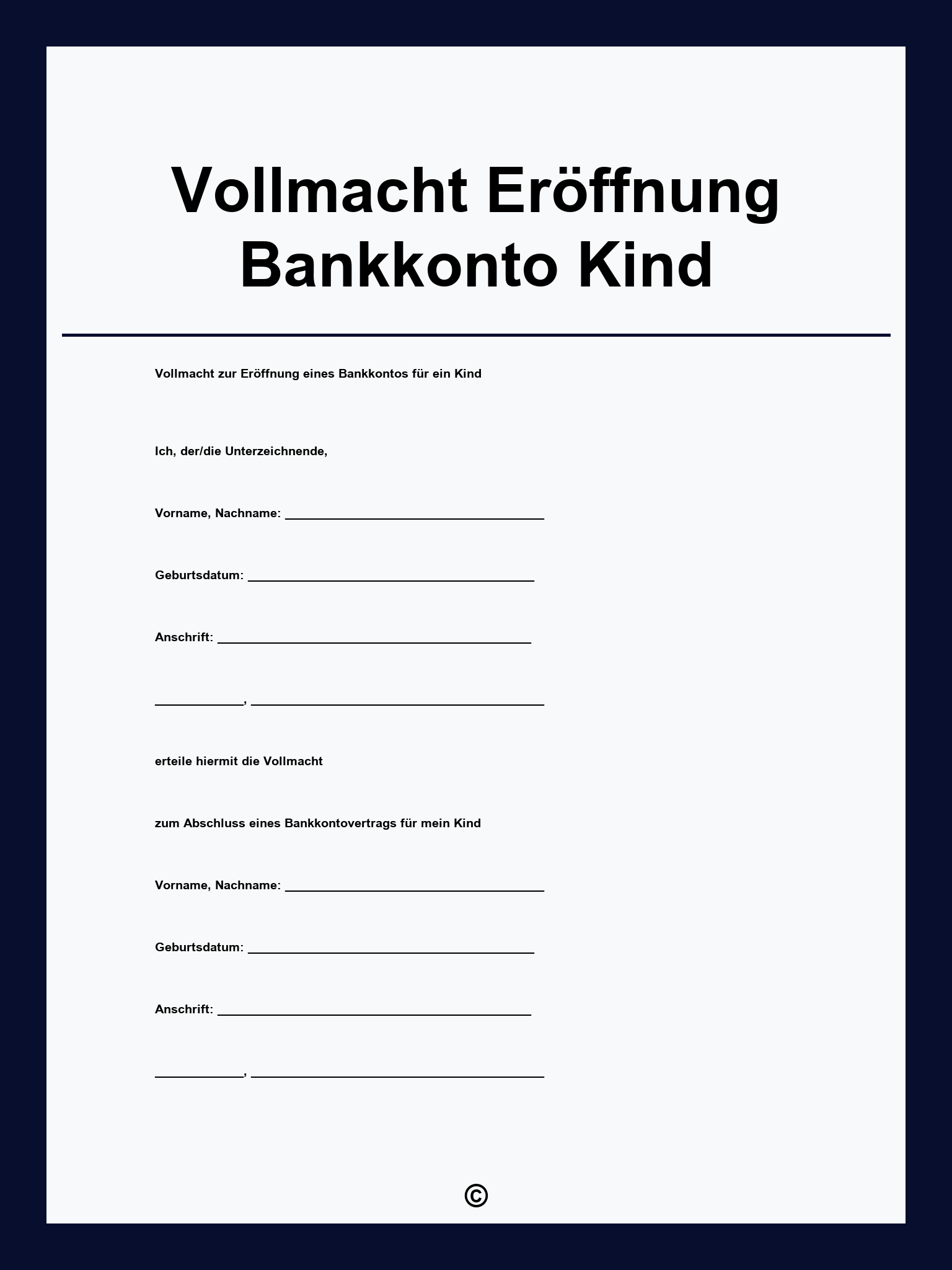 Vollmacht Eröffnung Bankkonto Kind