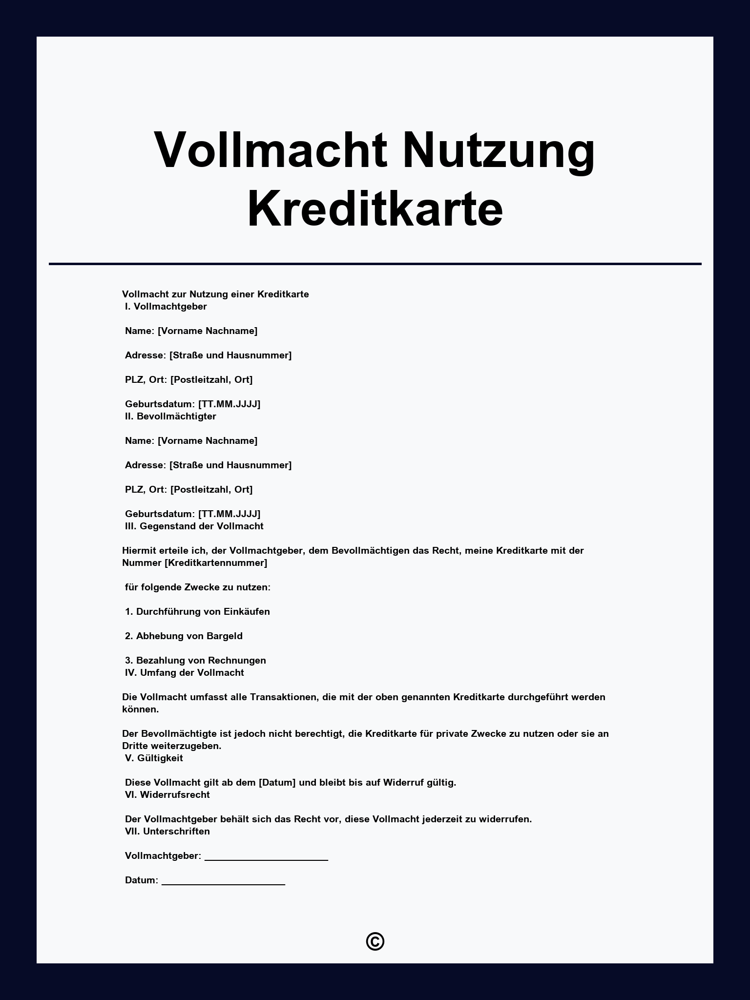 Vollmacht Nutzung Kreditkarte