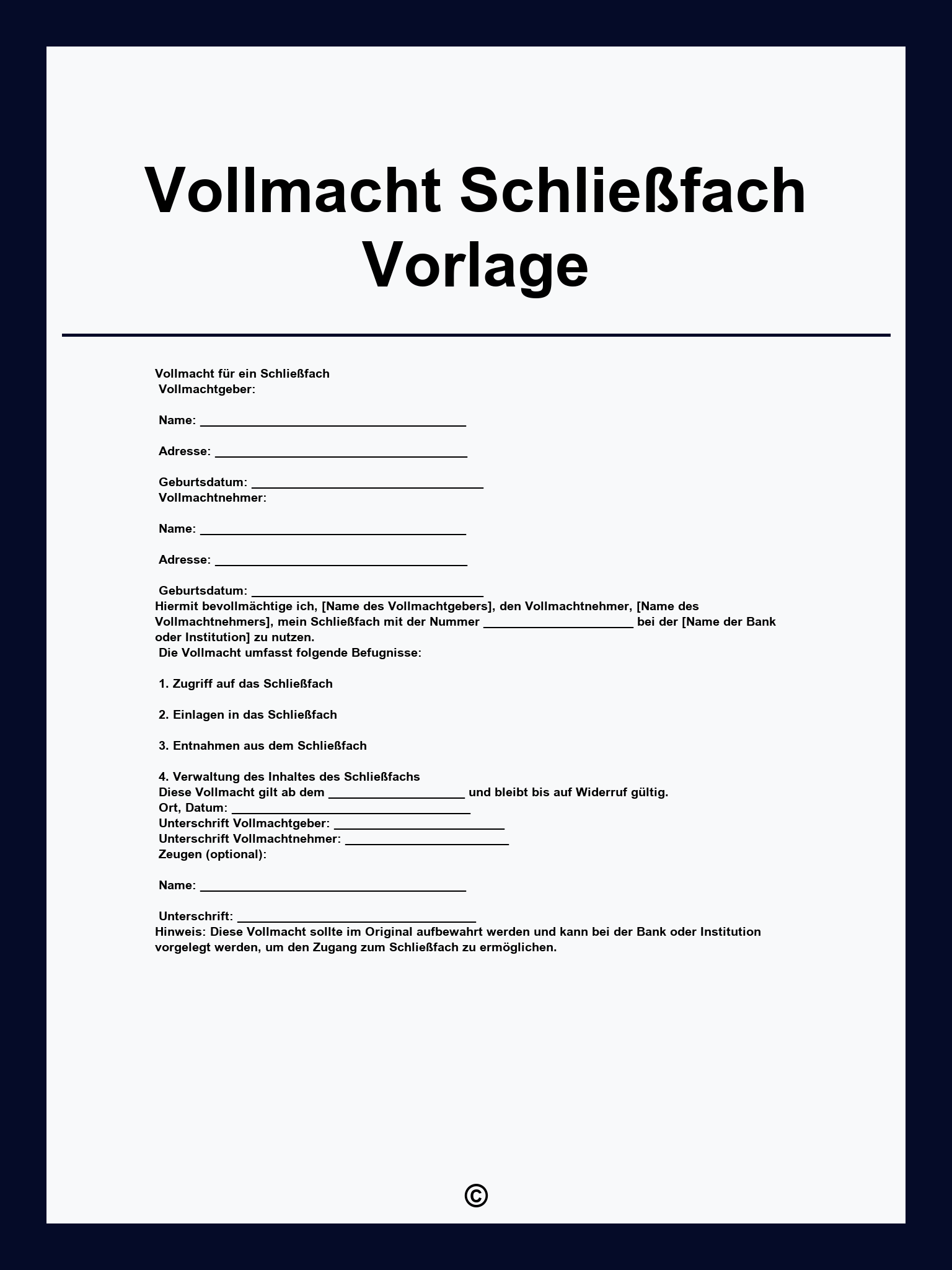 Vollmacht Schließfach Vorlage