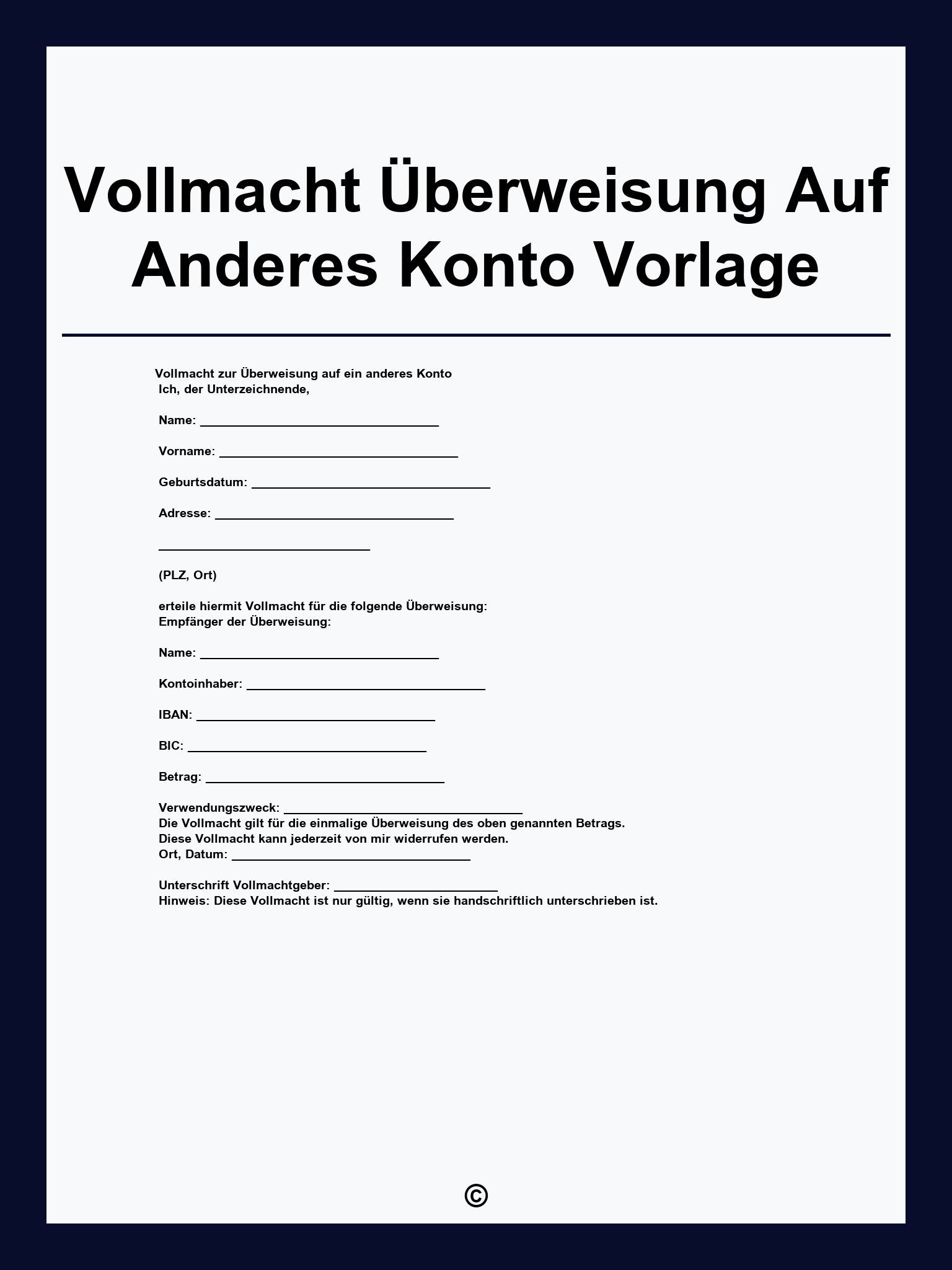 Vollmacht Überweisung Auf Anderes Konto Vorlage