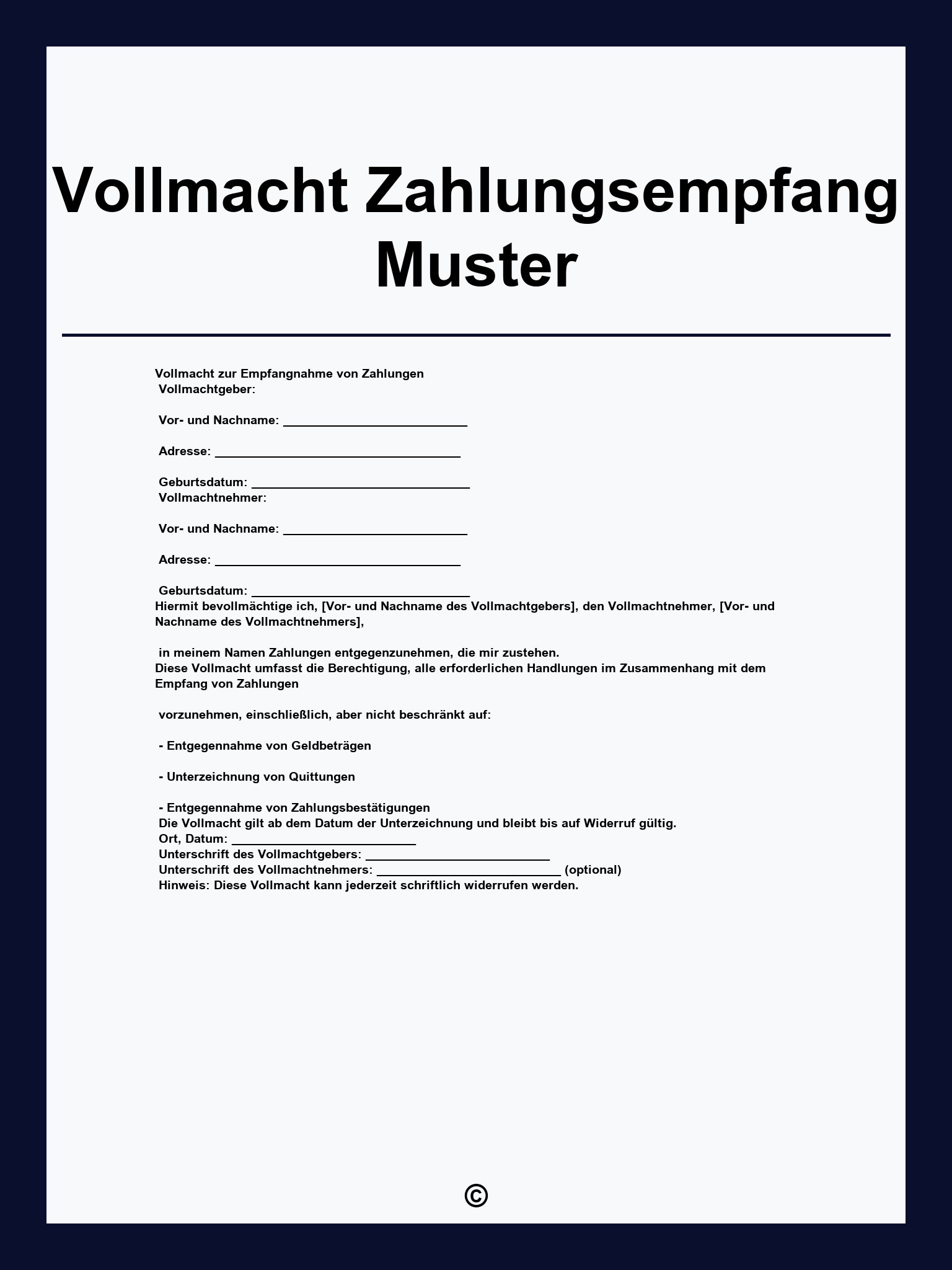 Vollmacht Zahlungsempfang Muster